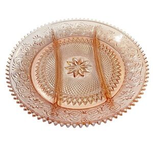 12” Vintage Indiana Tiara Sandwich Pink Peach Glass 3 Part Divided Relish Tray